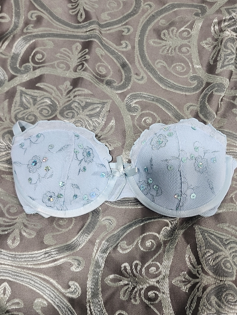 Y2k Victorias Secret Floral Embroidery Sequins Light Blue Mesh Bra Size 34c